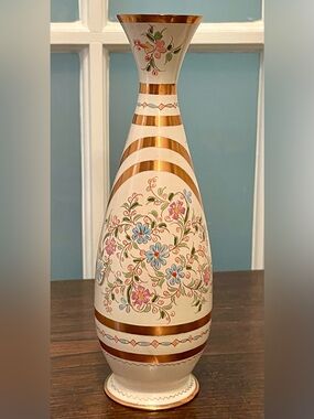 Vintage Hand-Painted Enameled Brass Floral Bud Vase - Bohemian Decor EUC